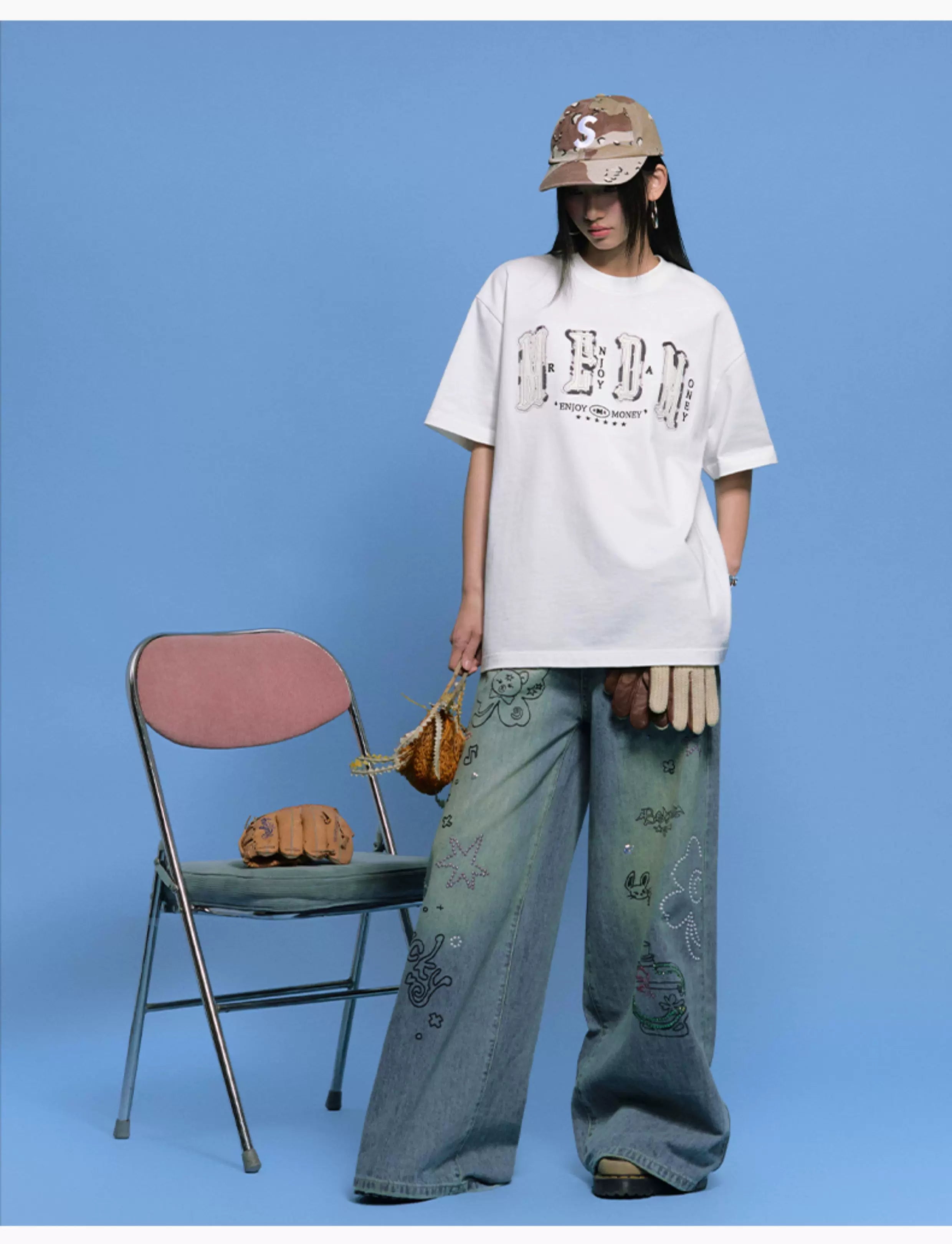 MEDM Letter Patch Leather Short Sleeve T-shirt