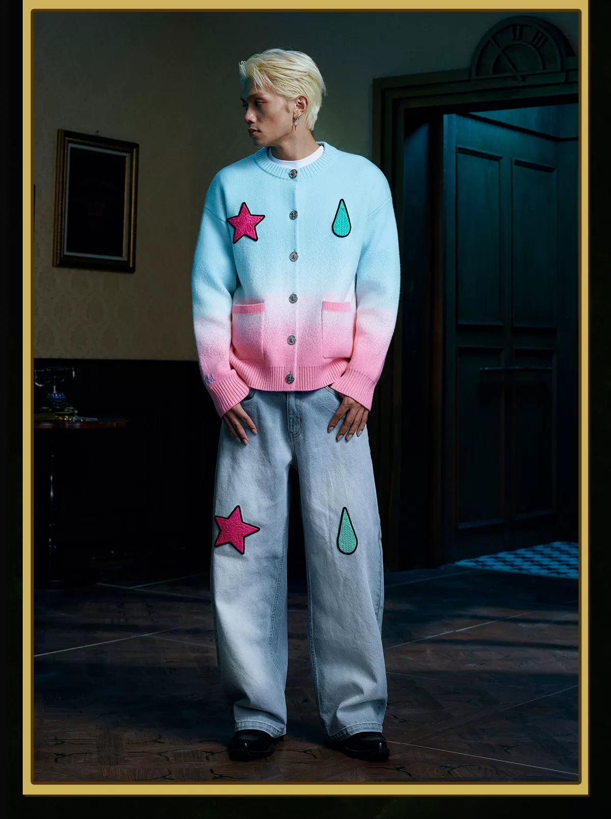 MEDM× Hunter Embroidered wide-leg jeans
