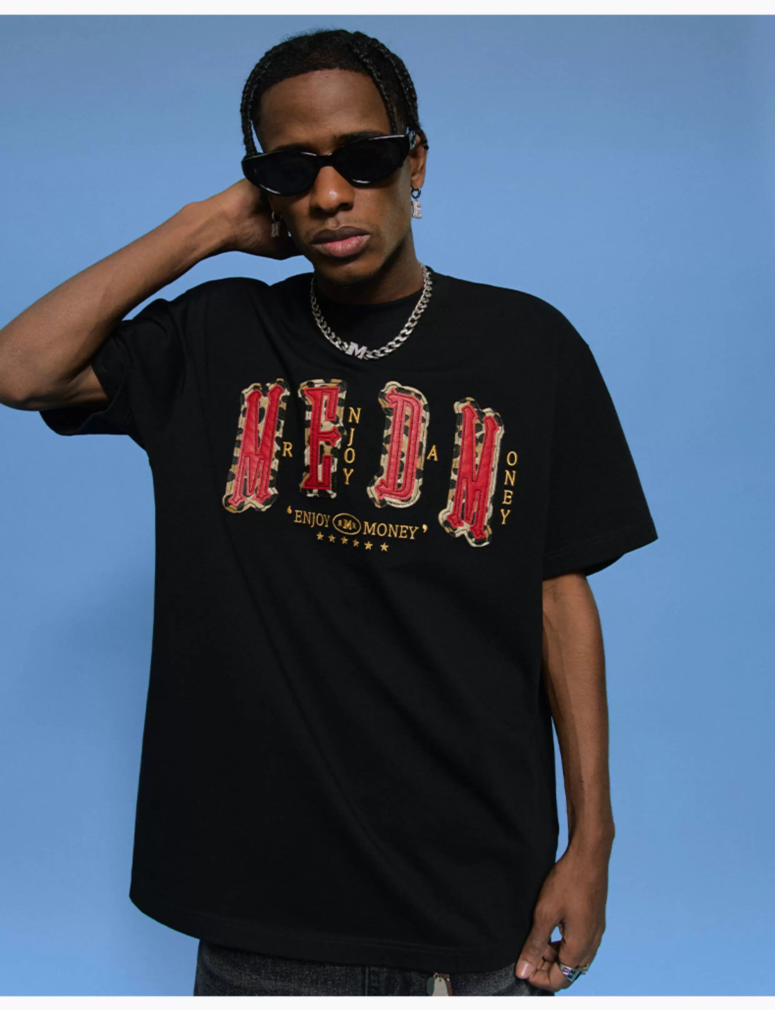 MEDM Letter Patch Leather Short Sleeve T-shirt