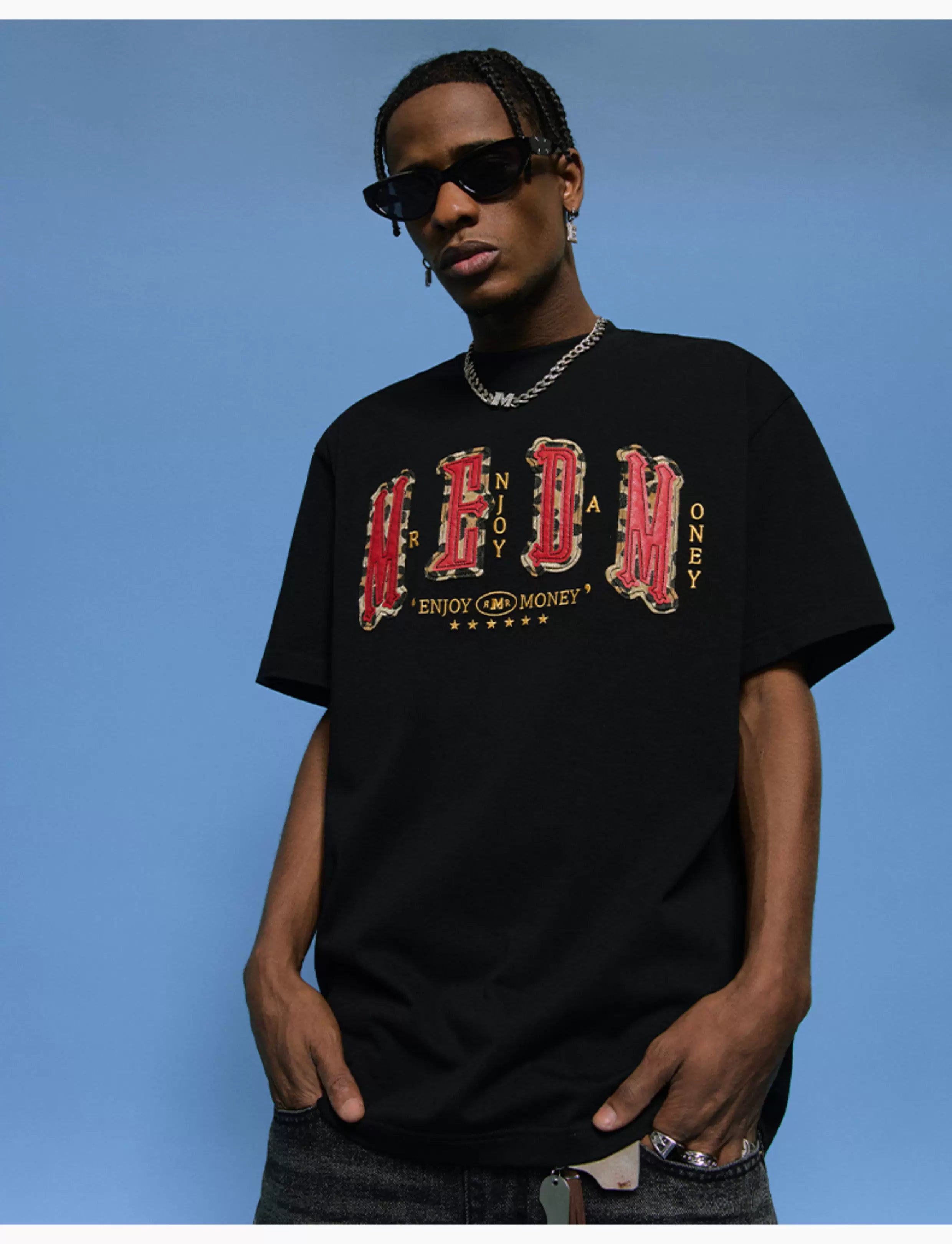 MEDM Letter Patch Leather Short Sleeve T-shirt