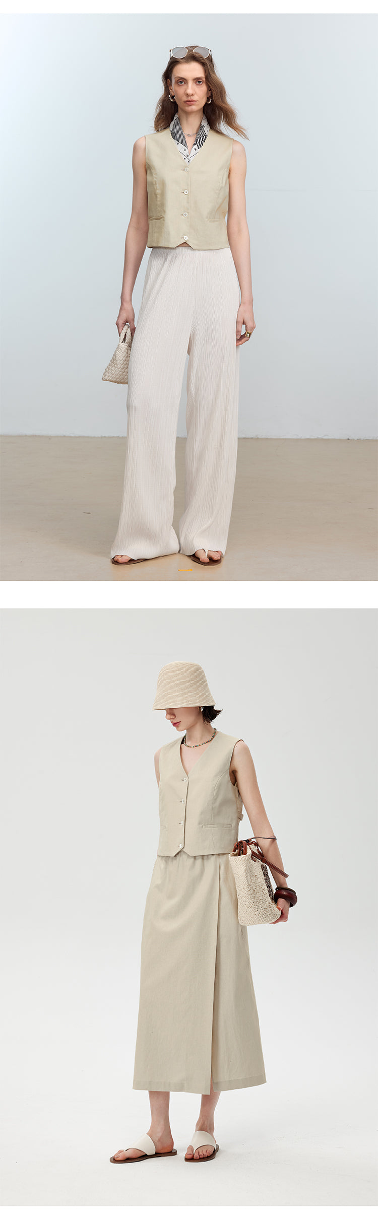CHENE YI Linen Vest and Half Skirt Set