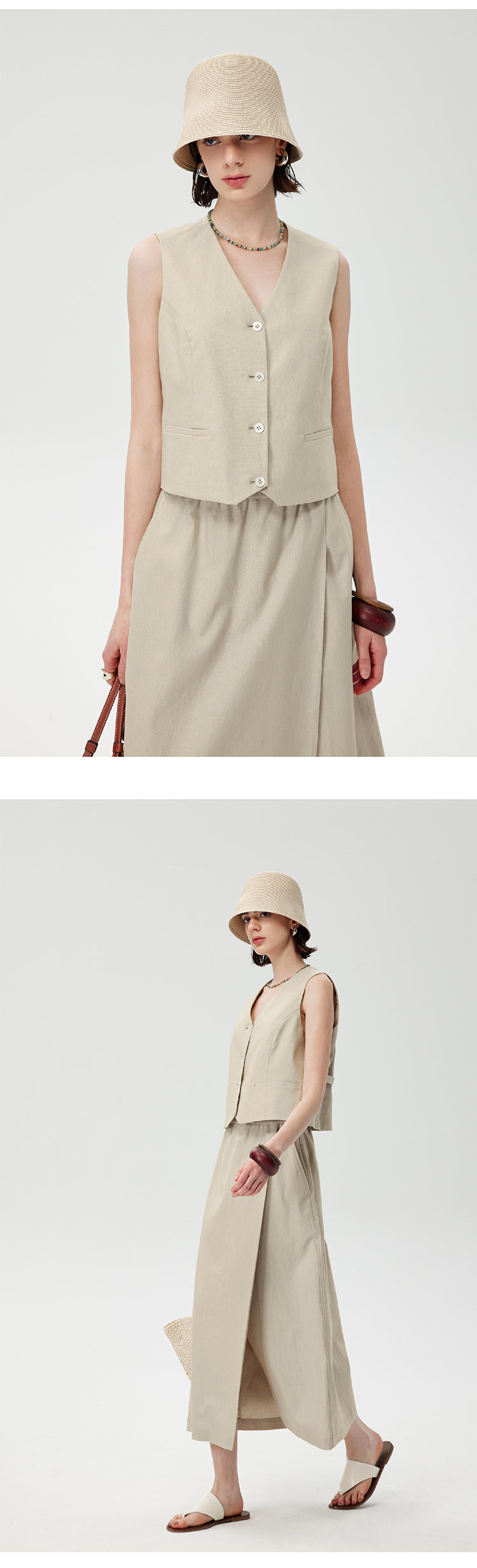 CHENE YI Linen Vest and Half Skirt Set