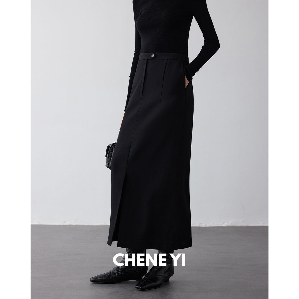 CHENE YI Black long wool midi skirt