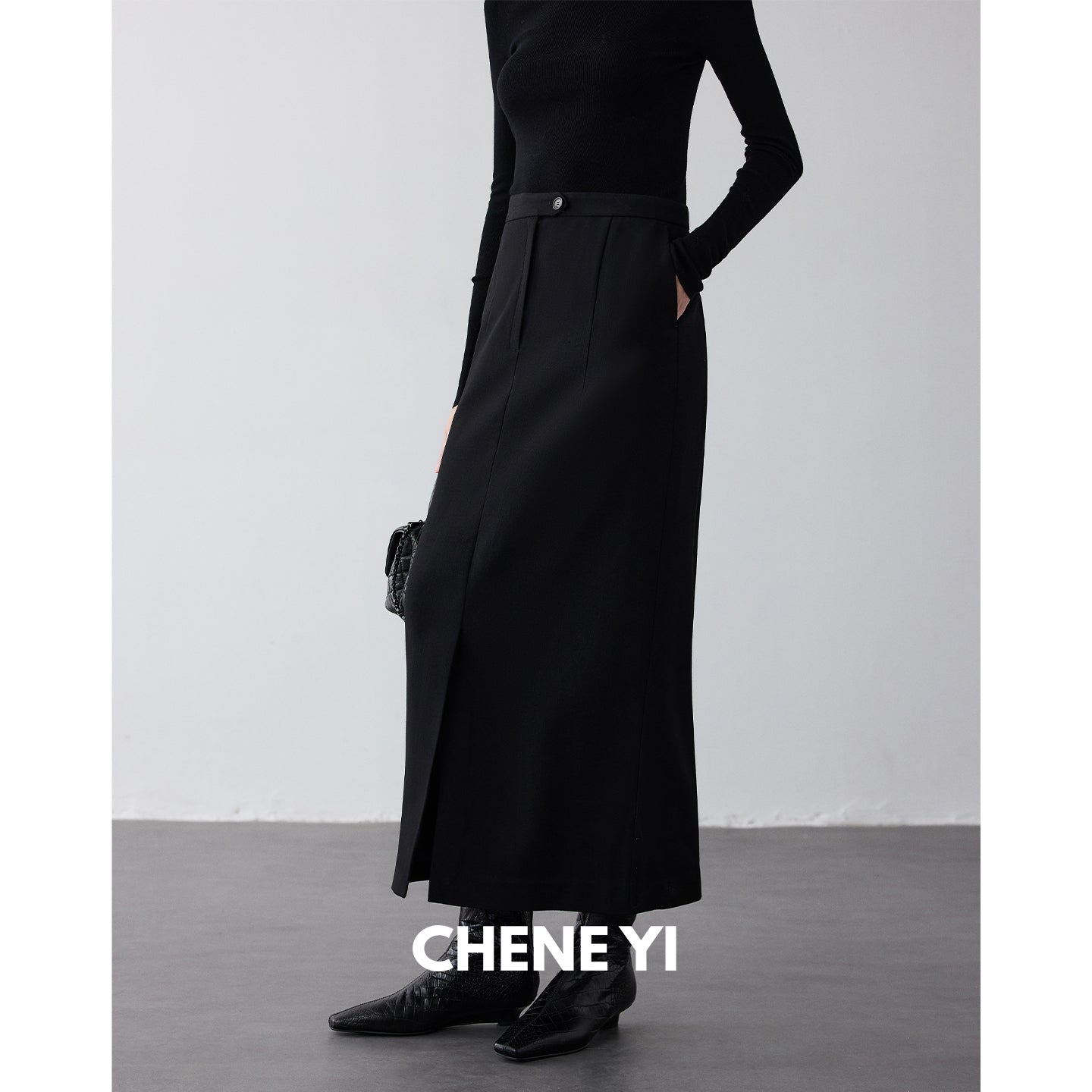 CHENE YI Black long wool midi skirt