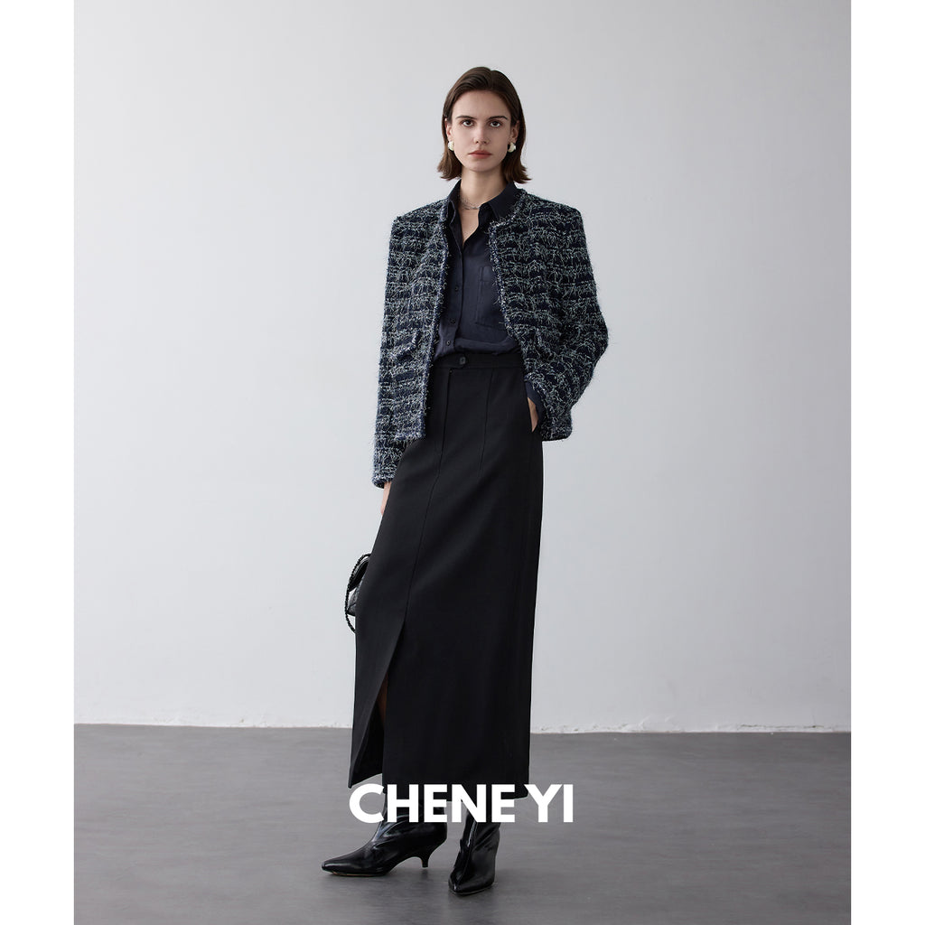 CHENE YI Black long wool midi skirt