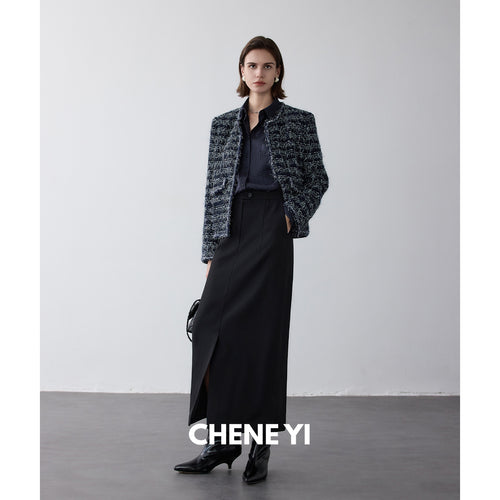 CHENE YI Black long wool midi skirt