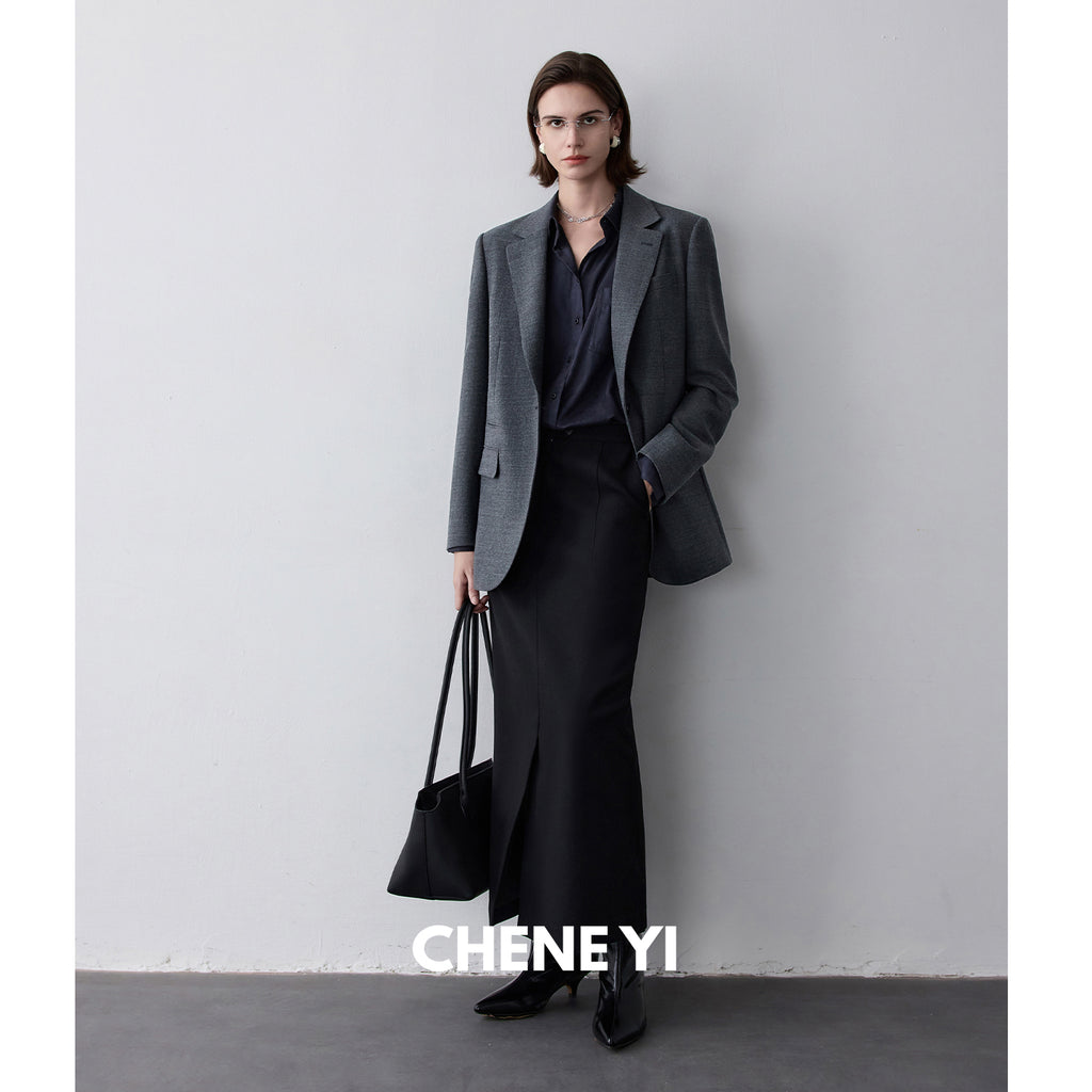 CHENE YI Black long wool midi skirt