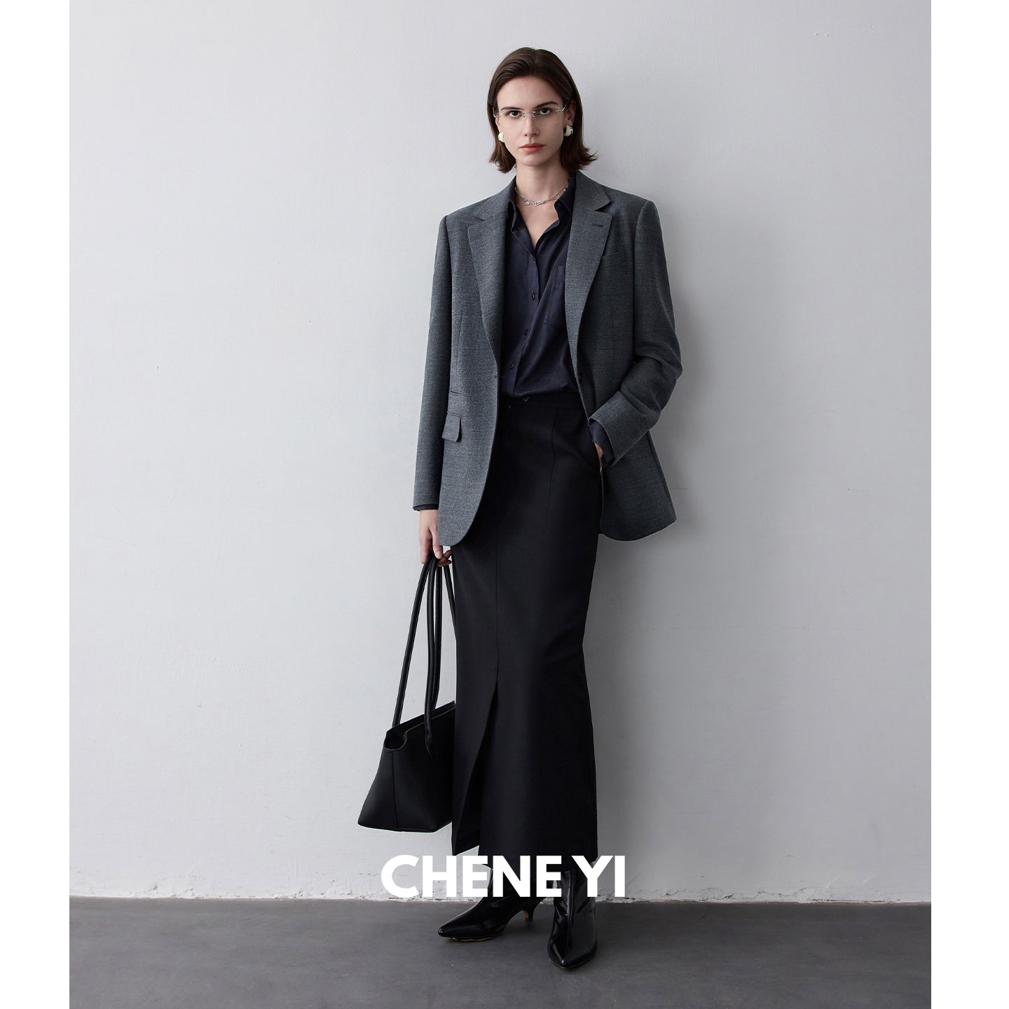 CHENE YI Black long wool midi skirt