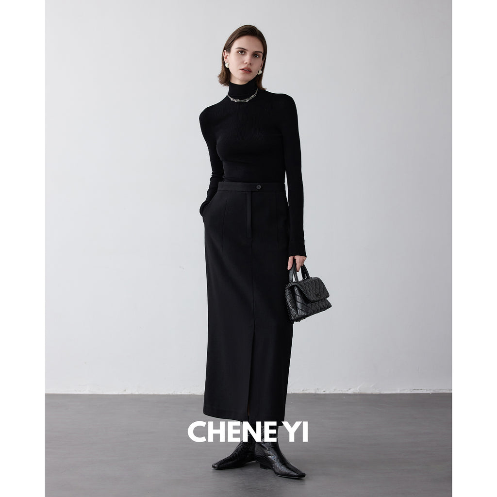 CHENE YI Black long wool midi skirt
