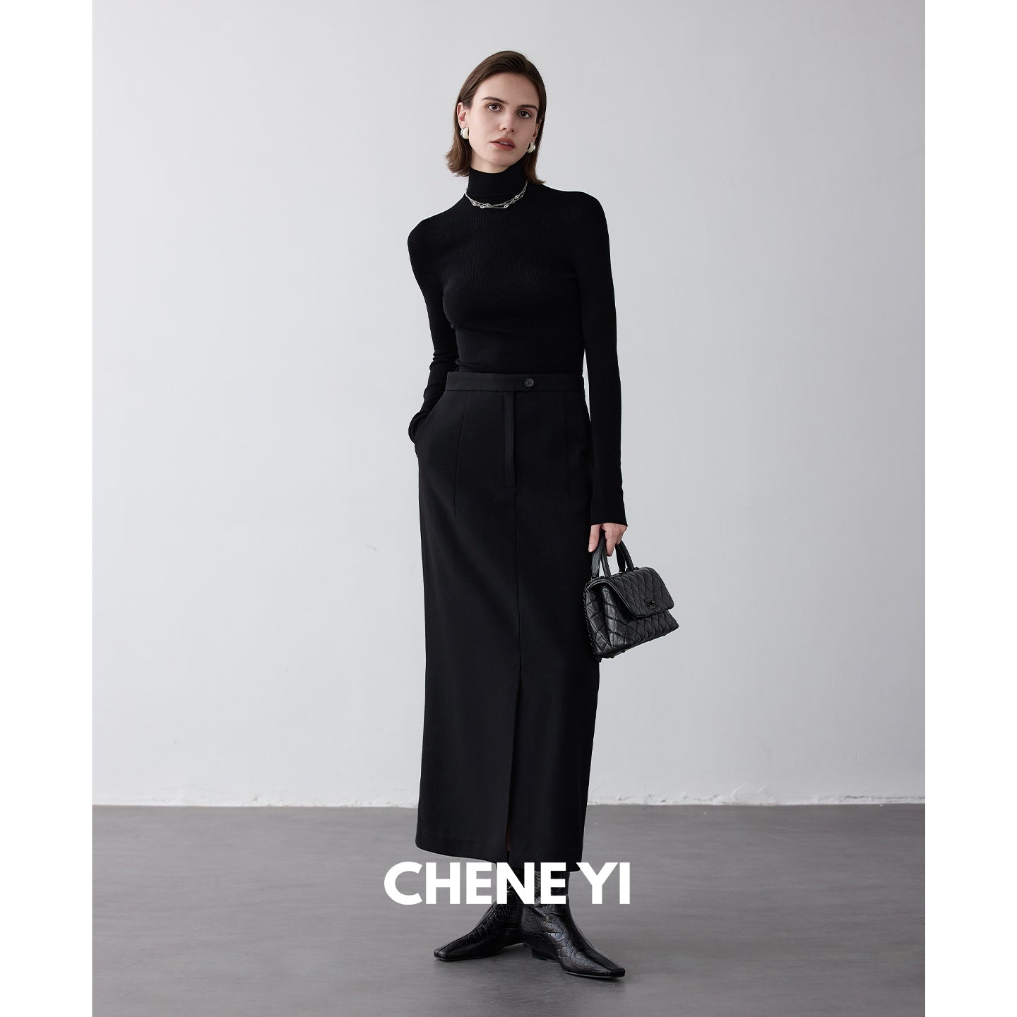 CHENE YI Black long wool midi skirt