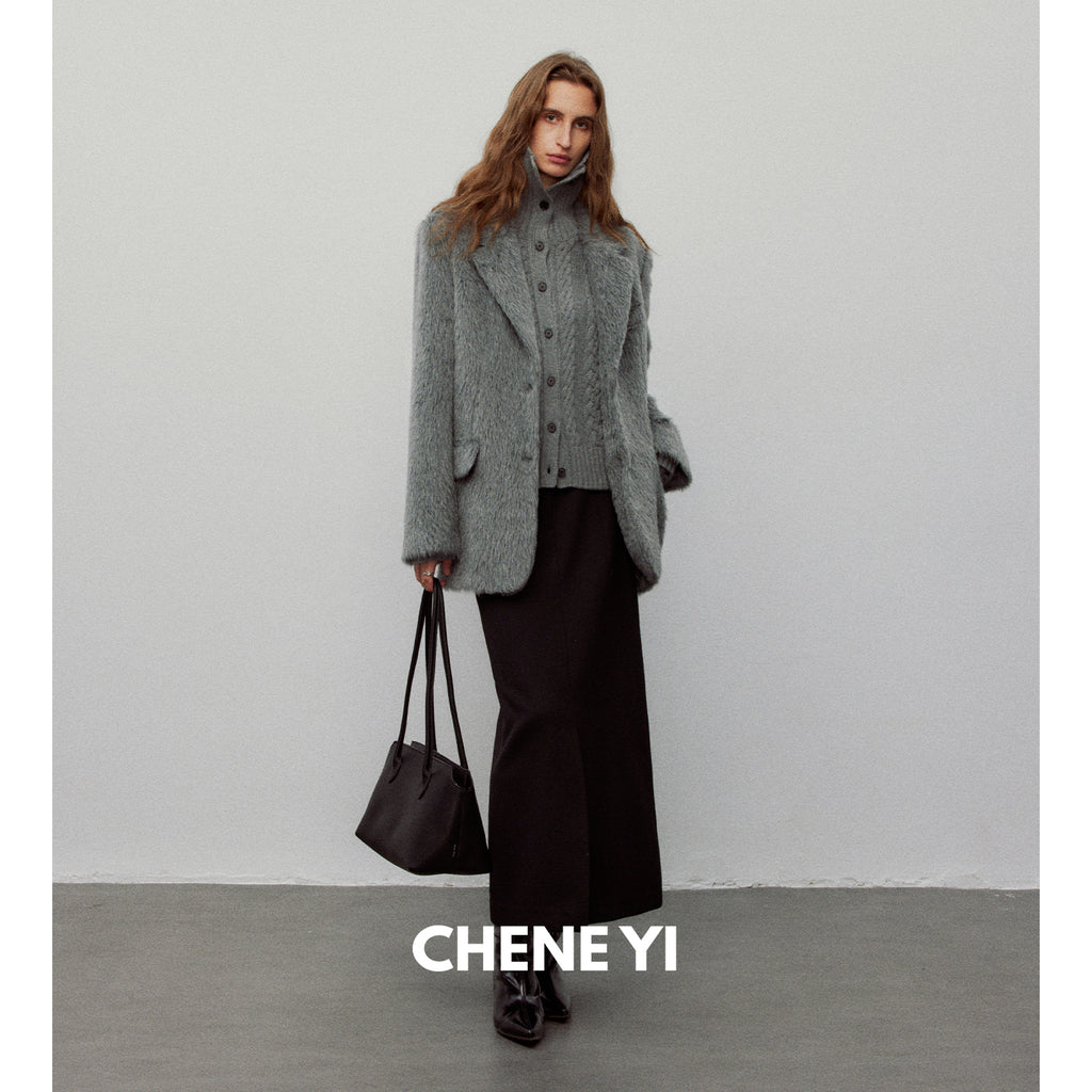CHENE YI Black long wool midi skirt