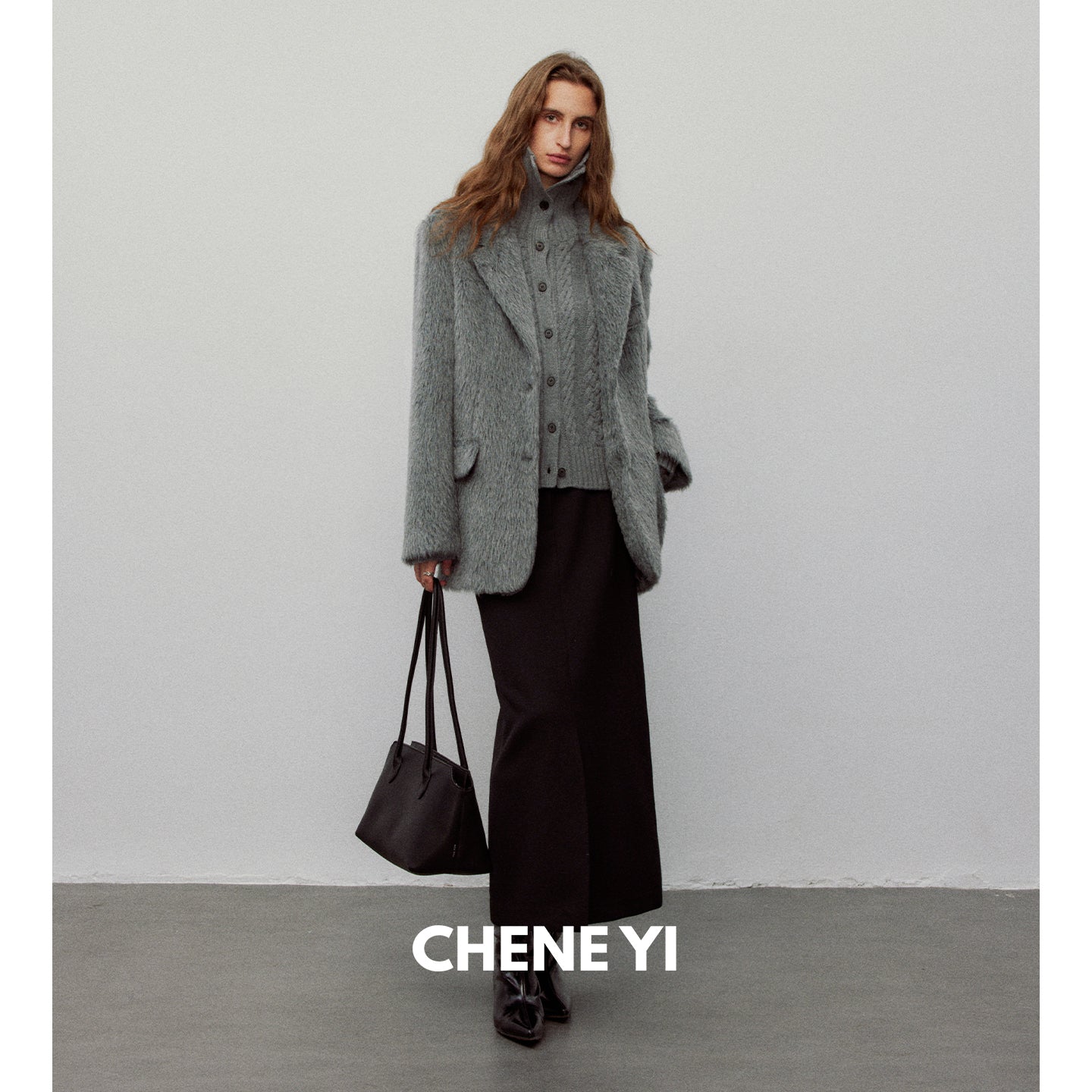 CHENE YI Black long wool midi skirt