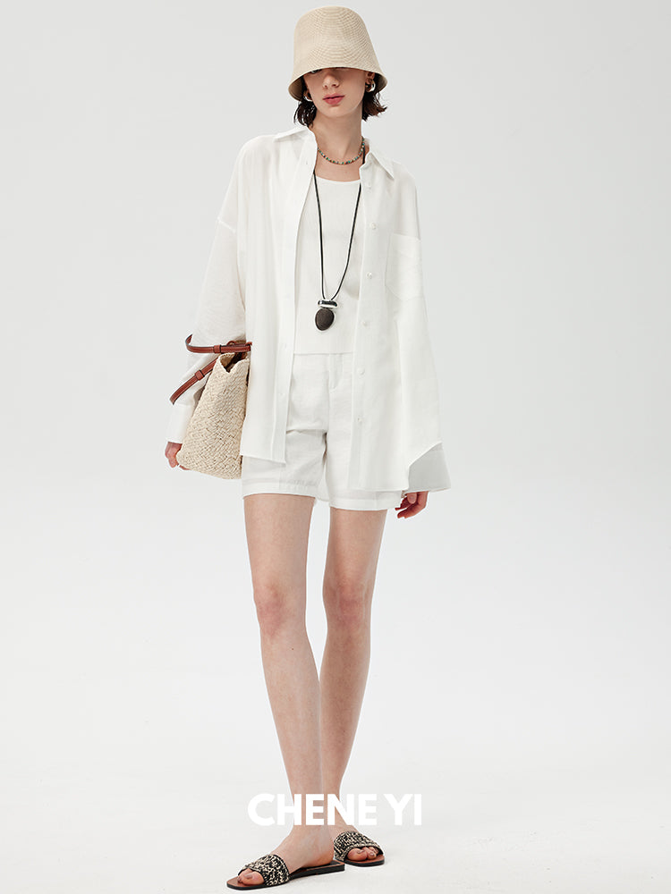 CHENE YI Linen Sun Protection Shirt and Shorts Set