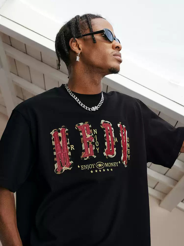 MEDM Letter Patch Leather Short Sleeve T-shirt
