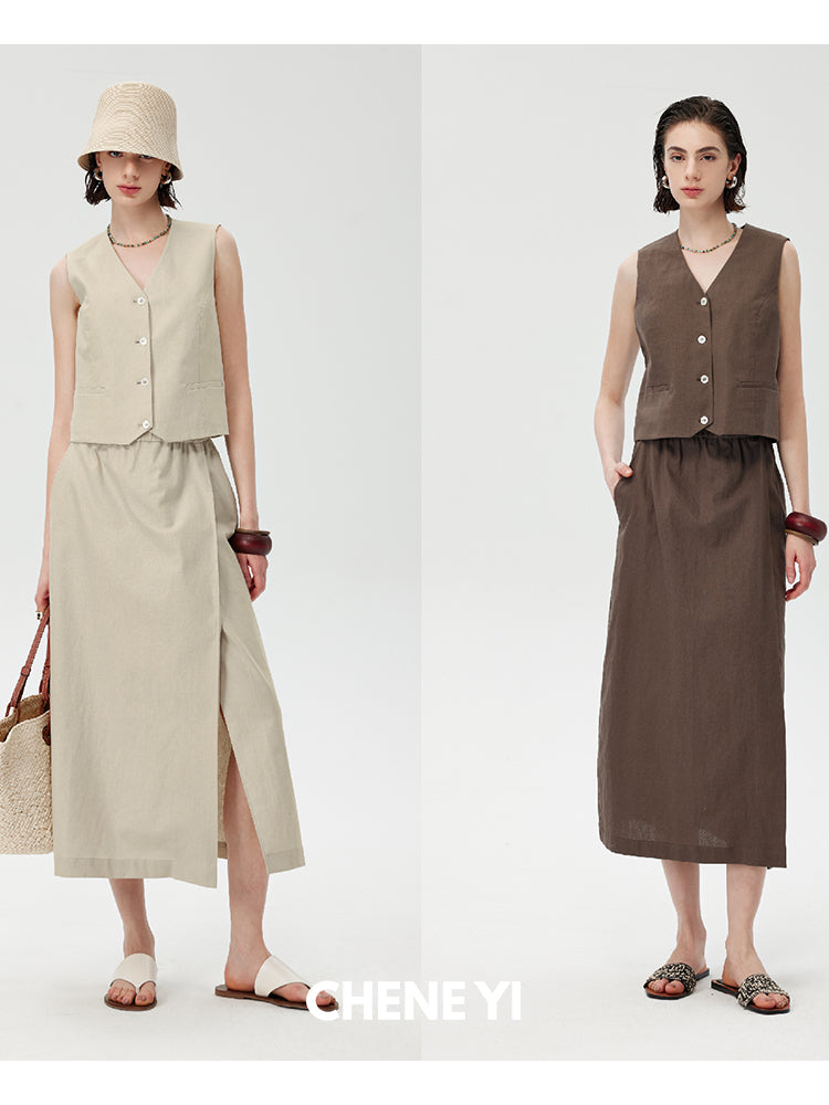 CHENE YI Linen Vest and Half Skirt Set