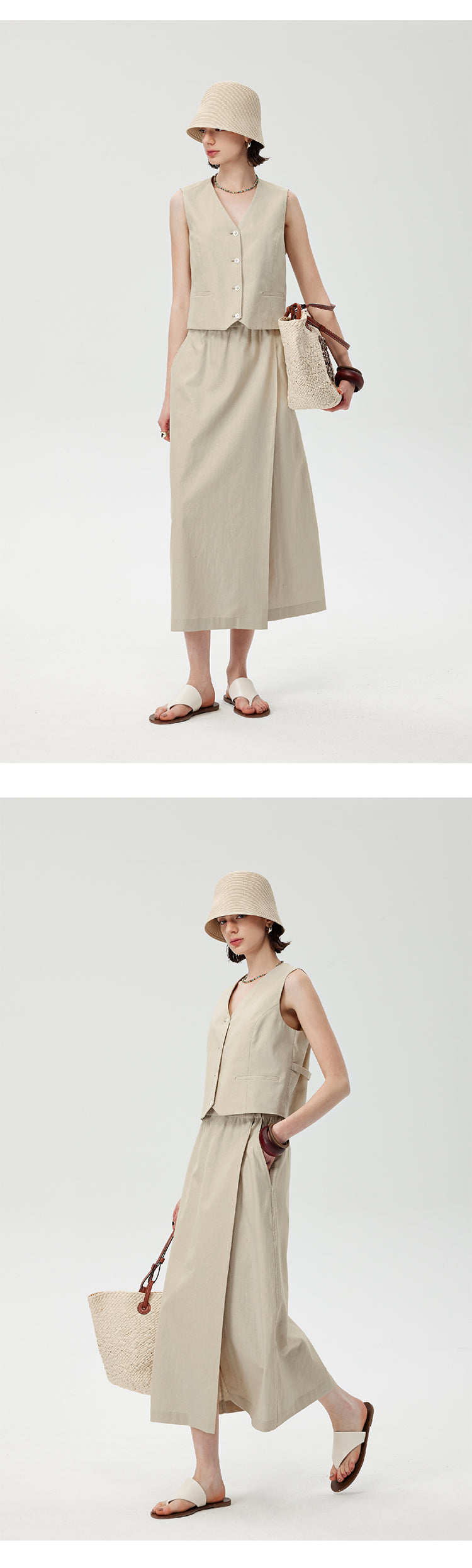 CHENE YI Linen Vest and Half Skirt Set