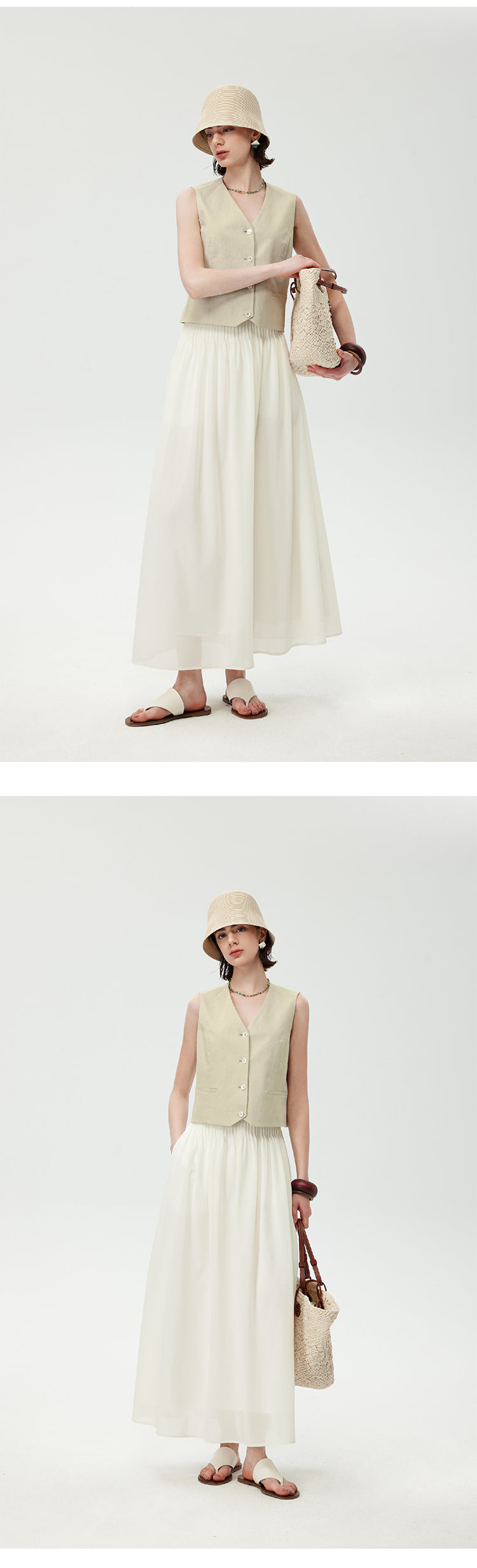 CHENE YI Linen Vest and Half Skirt Set
