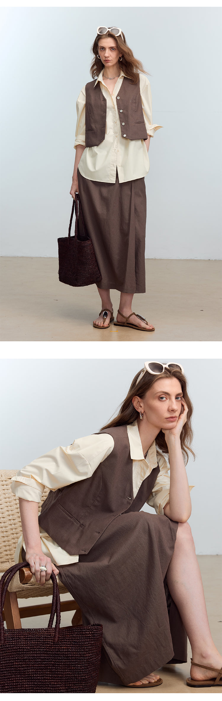 CHENE YI Linen Vest and Half Skirt Set