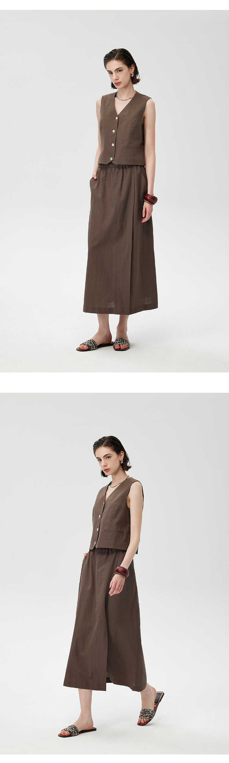 CHENE YI Linen Vest and Half Skirt Set