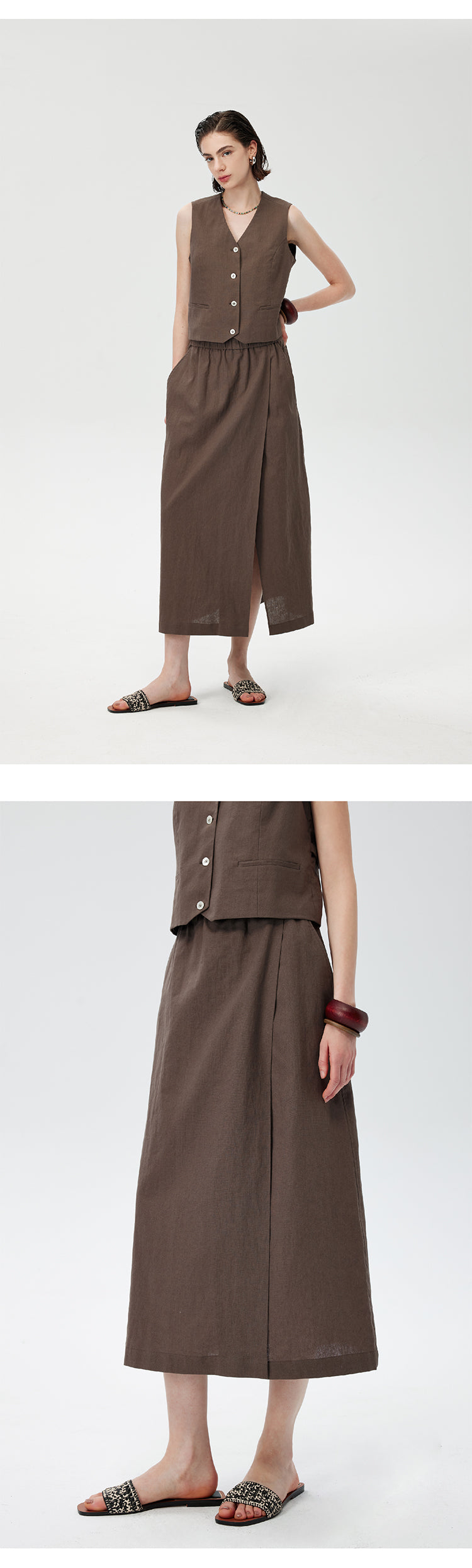 CHENE YI Linen Vest and Half Skirt Set