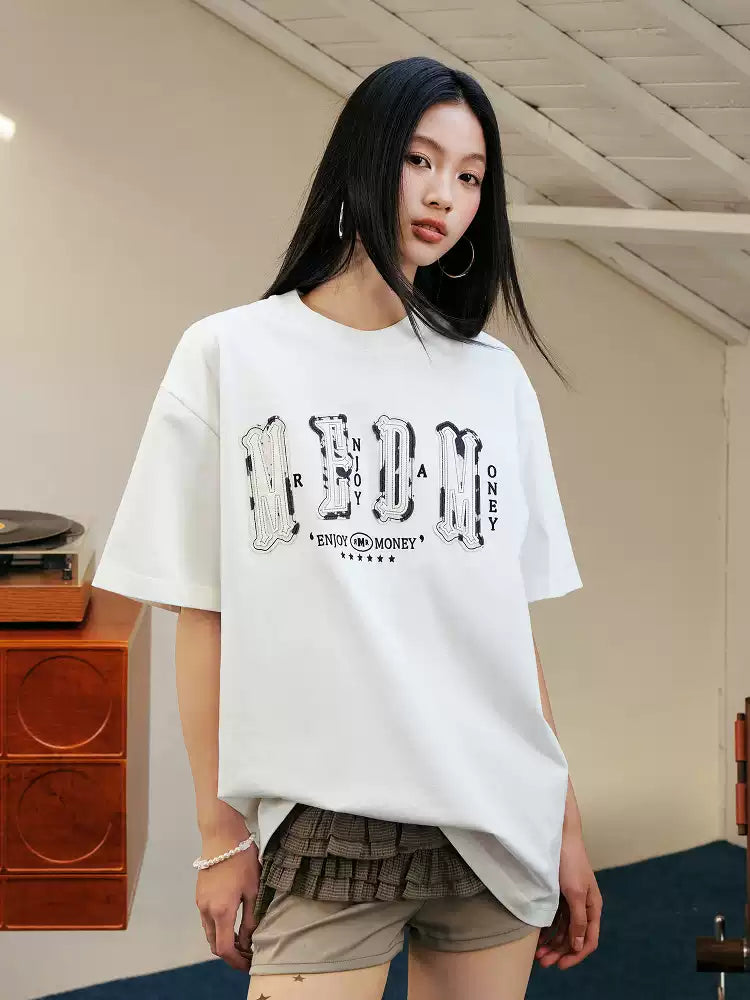 MEDM Letter Patch Leather Short Sleeve T-shirt
