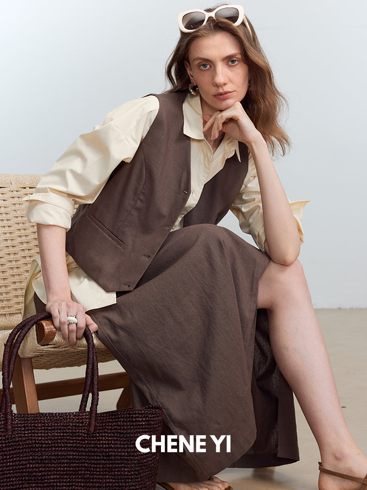 CHENE YI Linen Vest and Half Skirt Set