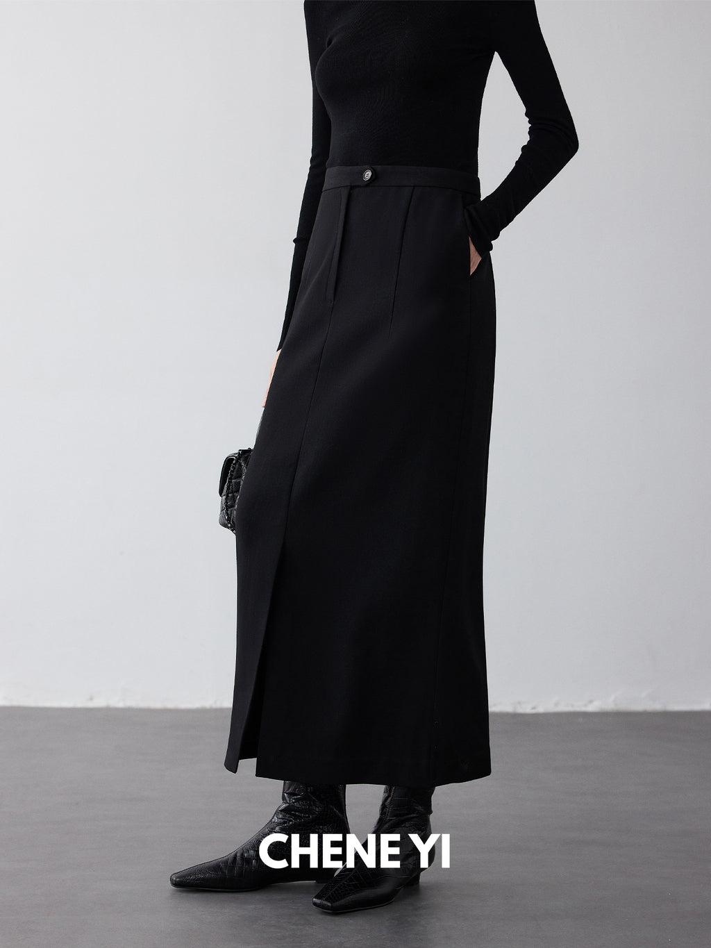 CHENE YI Black long wool midi skirt