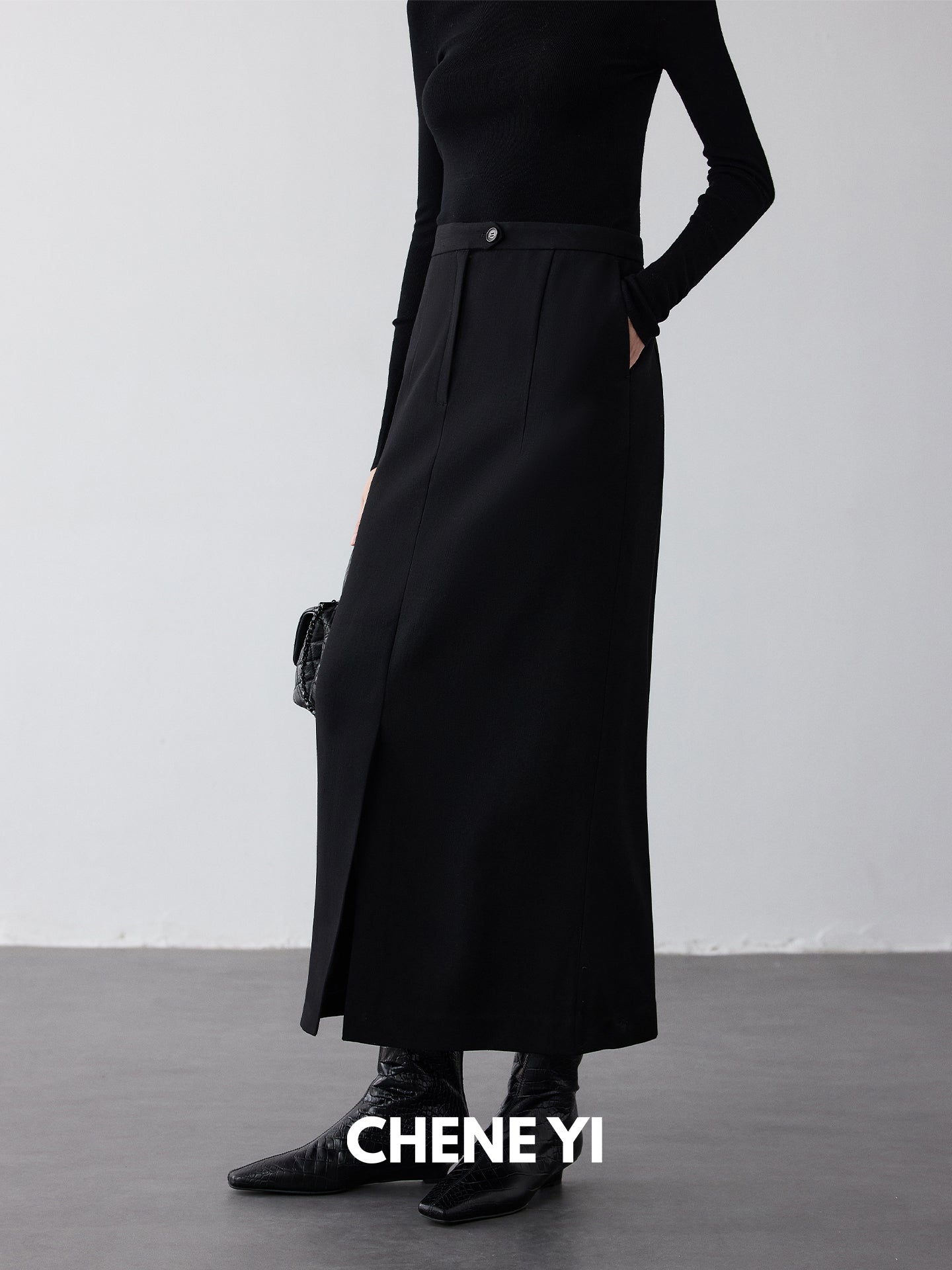 CHENE YI Black long wool midi skirt