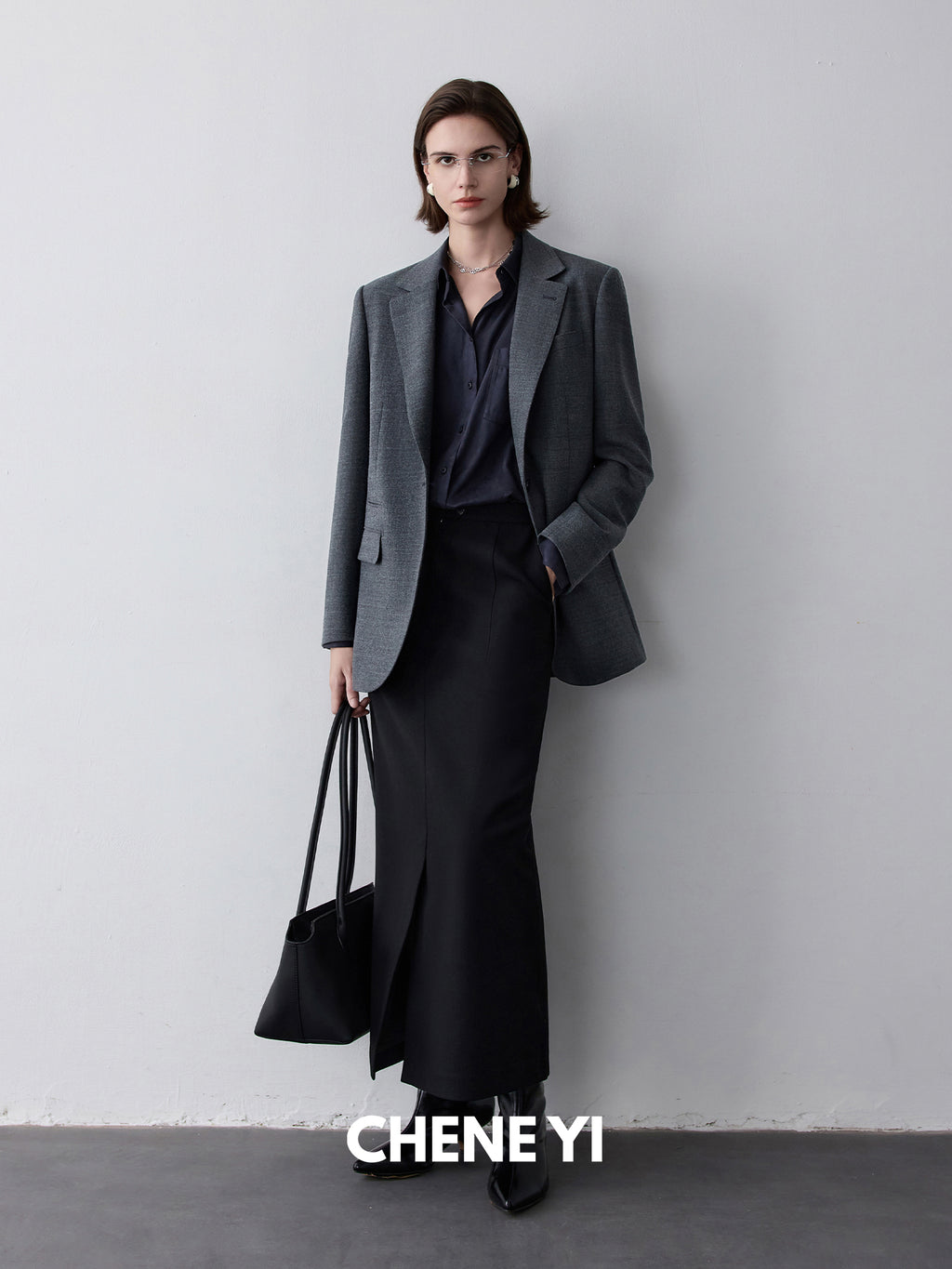 CHENE YI Black long wool midi skirt
