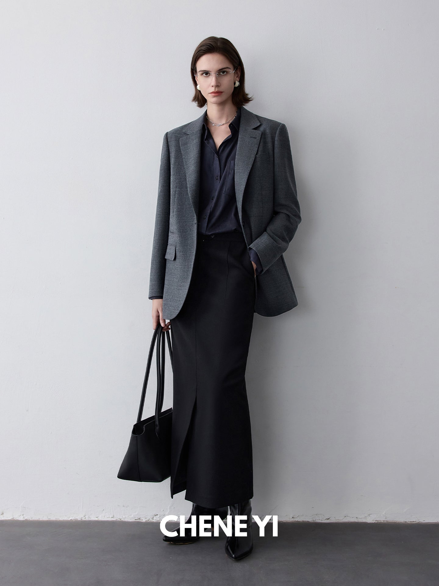 CHENE YI Black long wool midi skirt