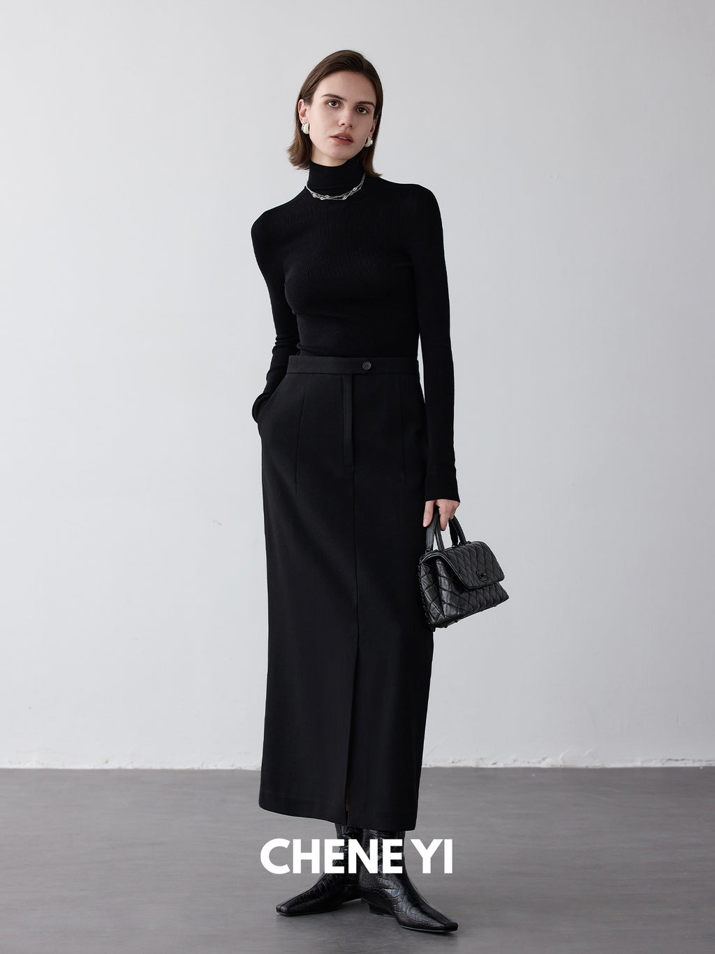 CHENE YI Black long wool midi skirt