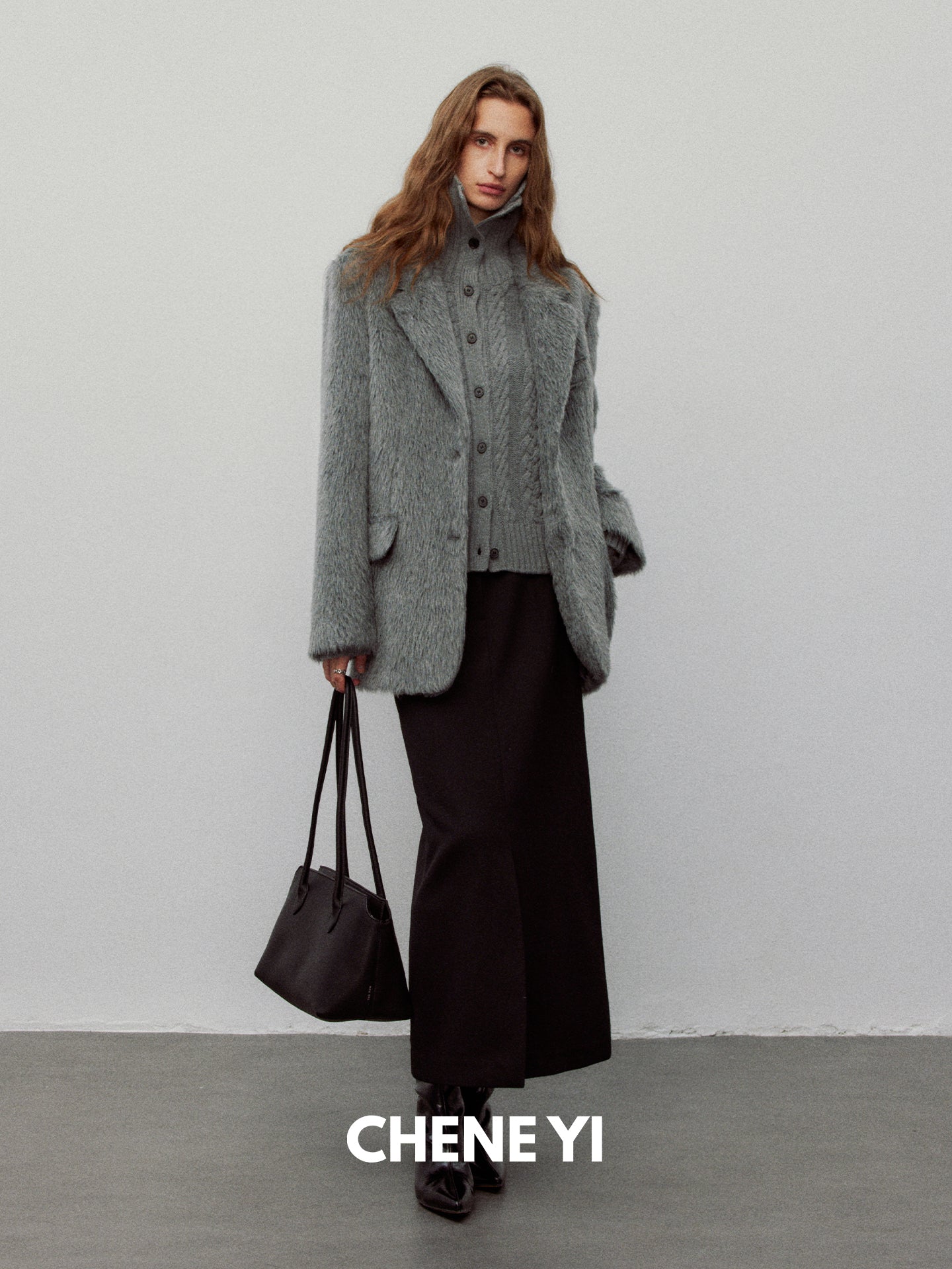 CHENE YI Black long wool midi skirt