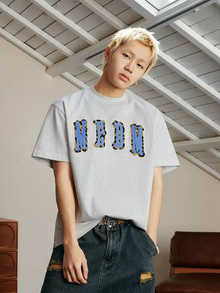 MEDM Letter Patch Leather Short Sleeve T-shirt