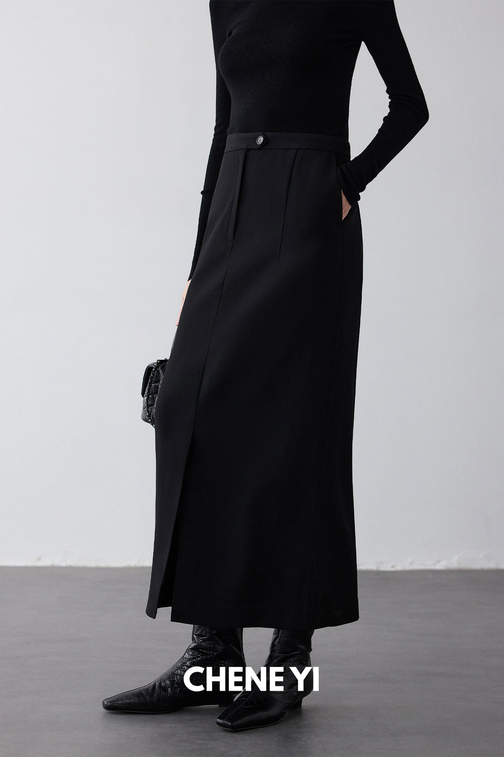 CHENE YI Black long wool midi skirt