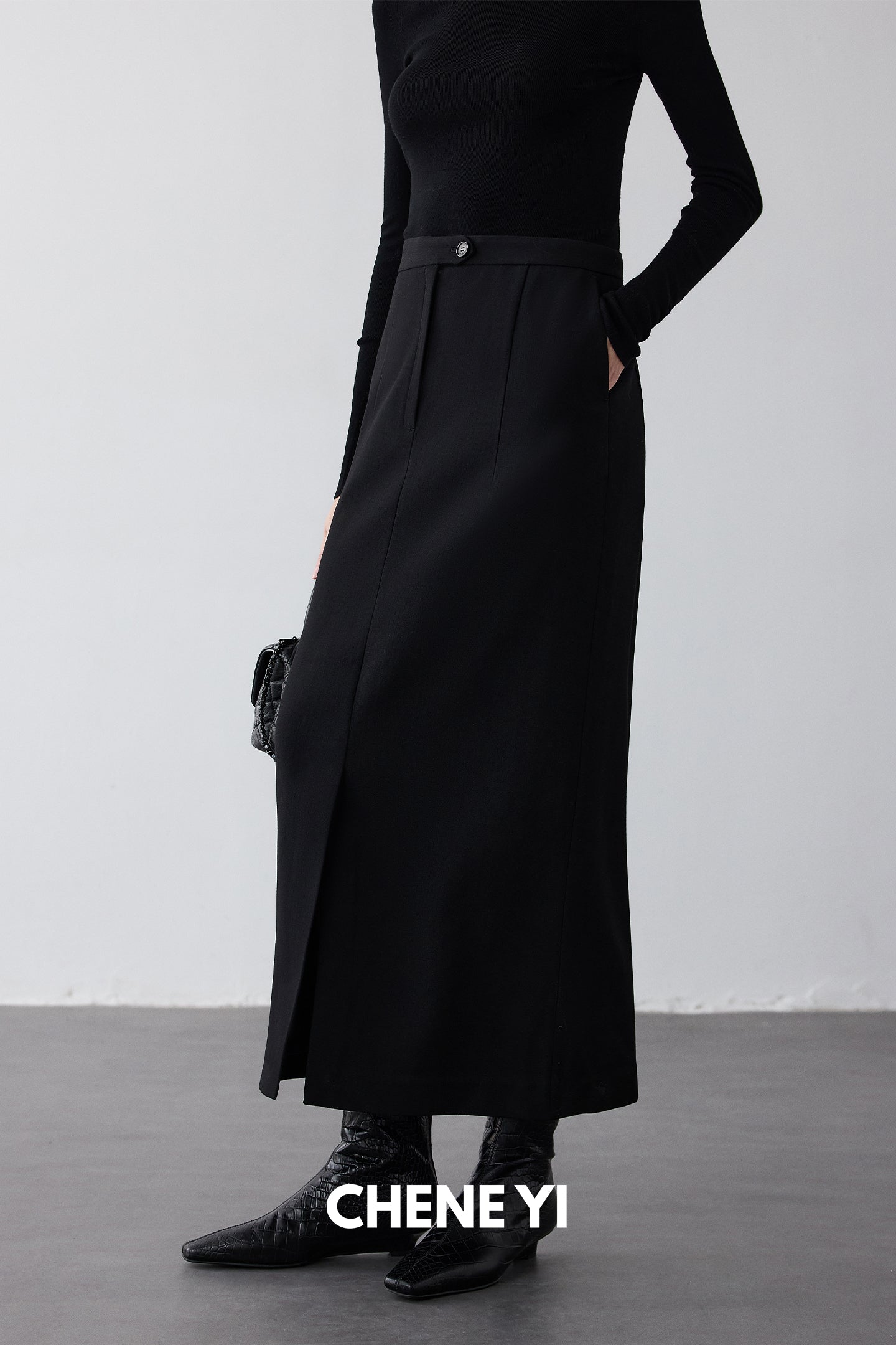 CHENE YI Black long wool midi skirt