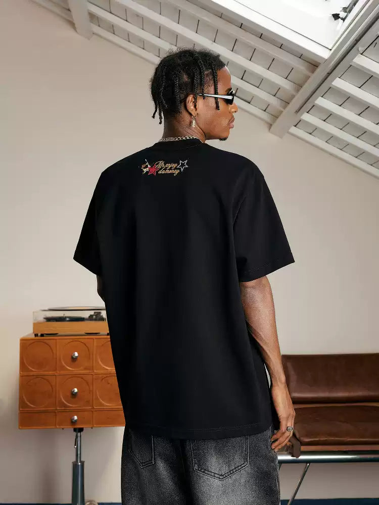 MEDM Letter Patch Leather Short Sleeve T-shirt