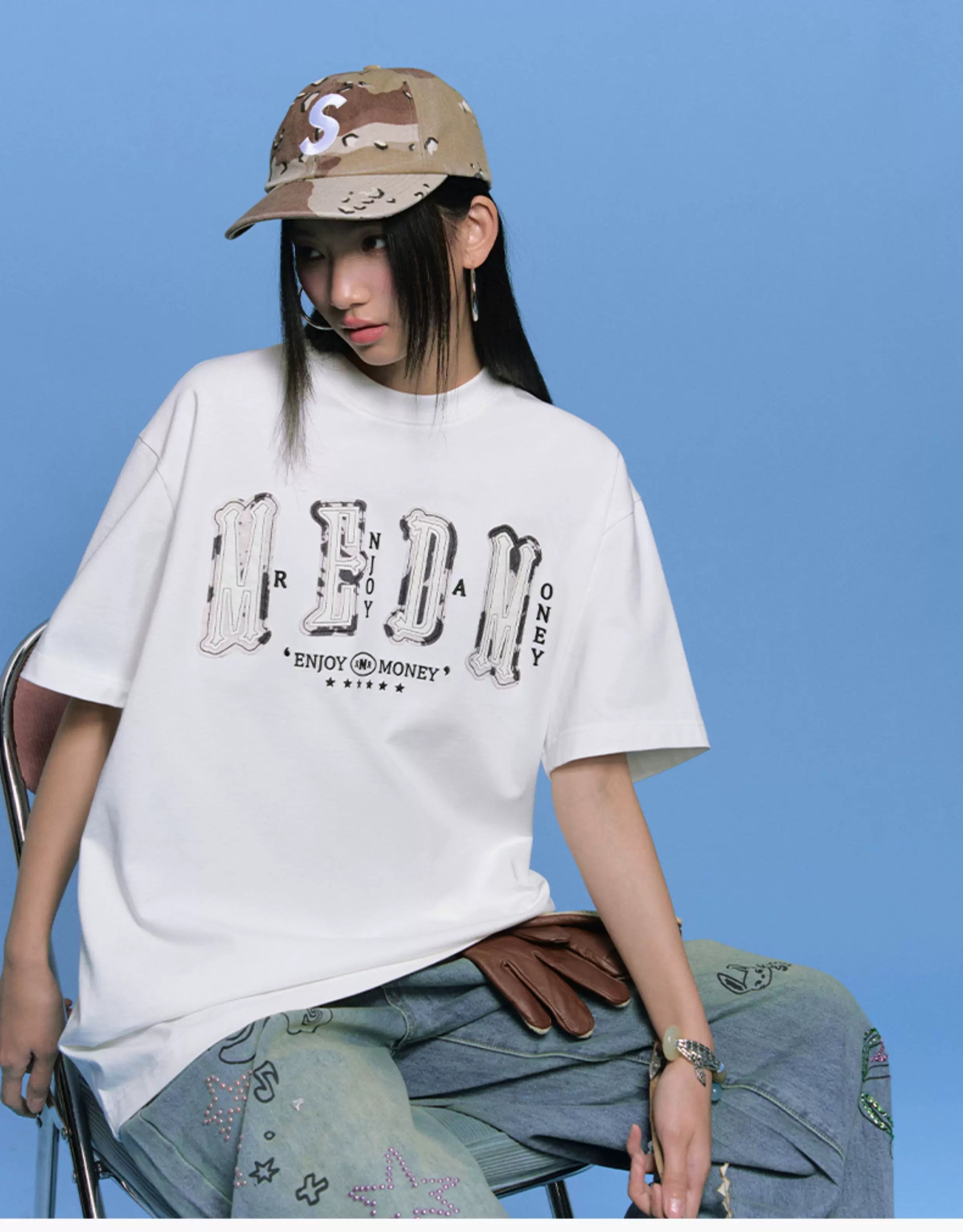MEDM Letter Patch Leather Short Sleeve T-shirt